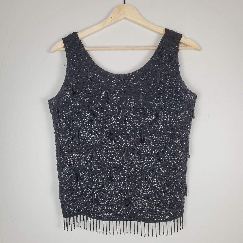 Vintage Black Sequin Wool Tank Top Medium Back Zip Beaded Fringe Cocktail Party